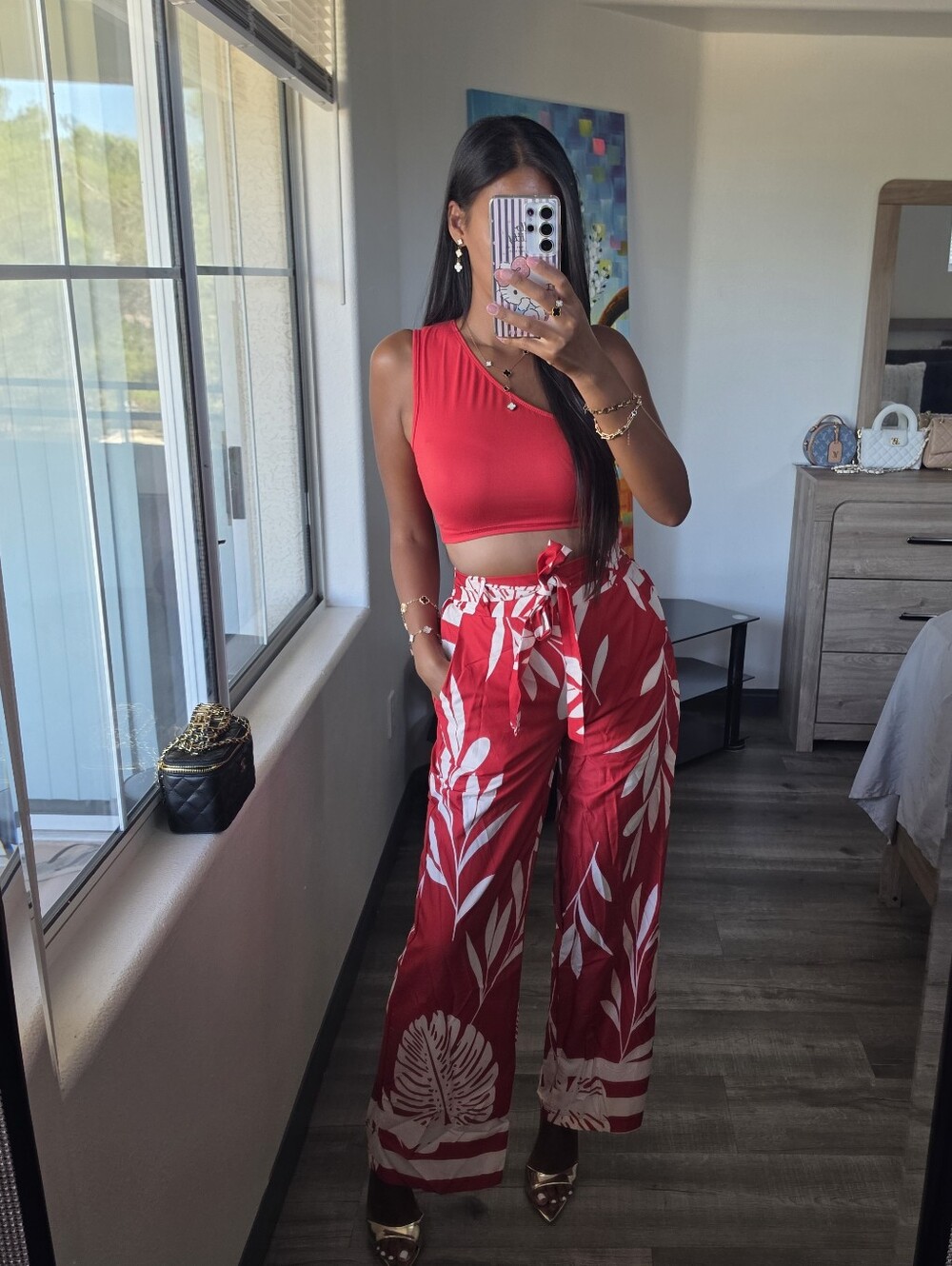 Red One-Shoulder Crop Top & Tropical Print Wide-Leg Pants Set